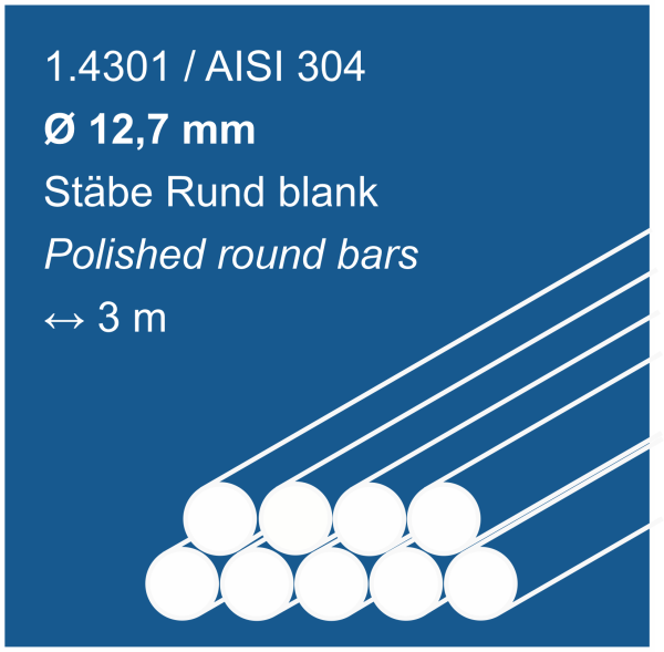Edelstahlstäbe aus 1.4301 (304), 12,7 mm Durchmesser, 3000 mm lang, auf blauem Hintergrund abgebildet